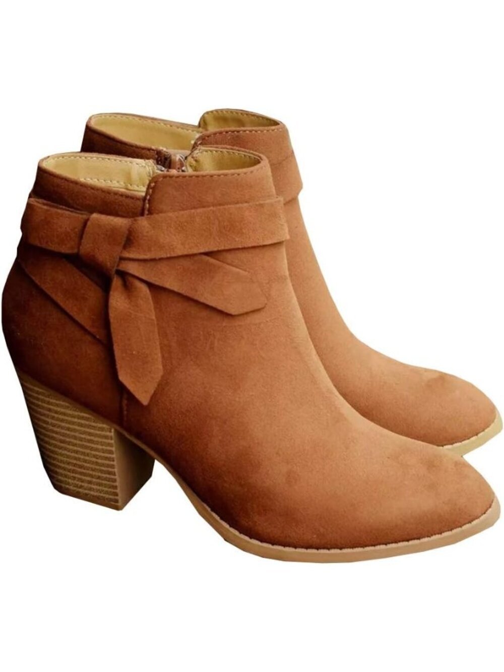 Women's Brown Tie Knot Chelsea Pump Ankle Boots Closed Toe Stacked Heel Booties